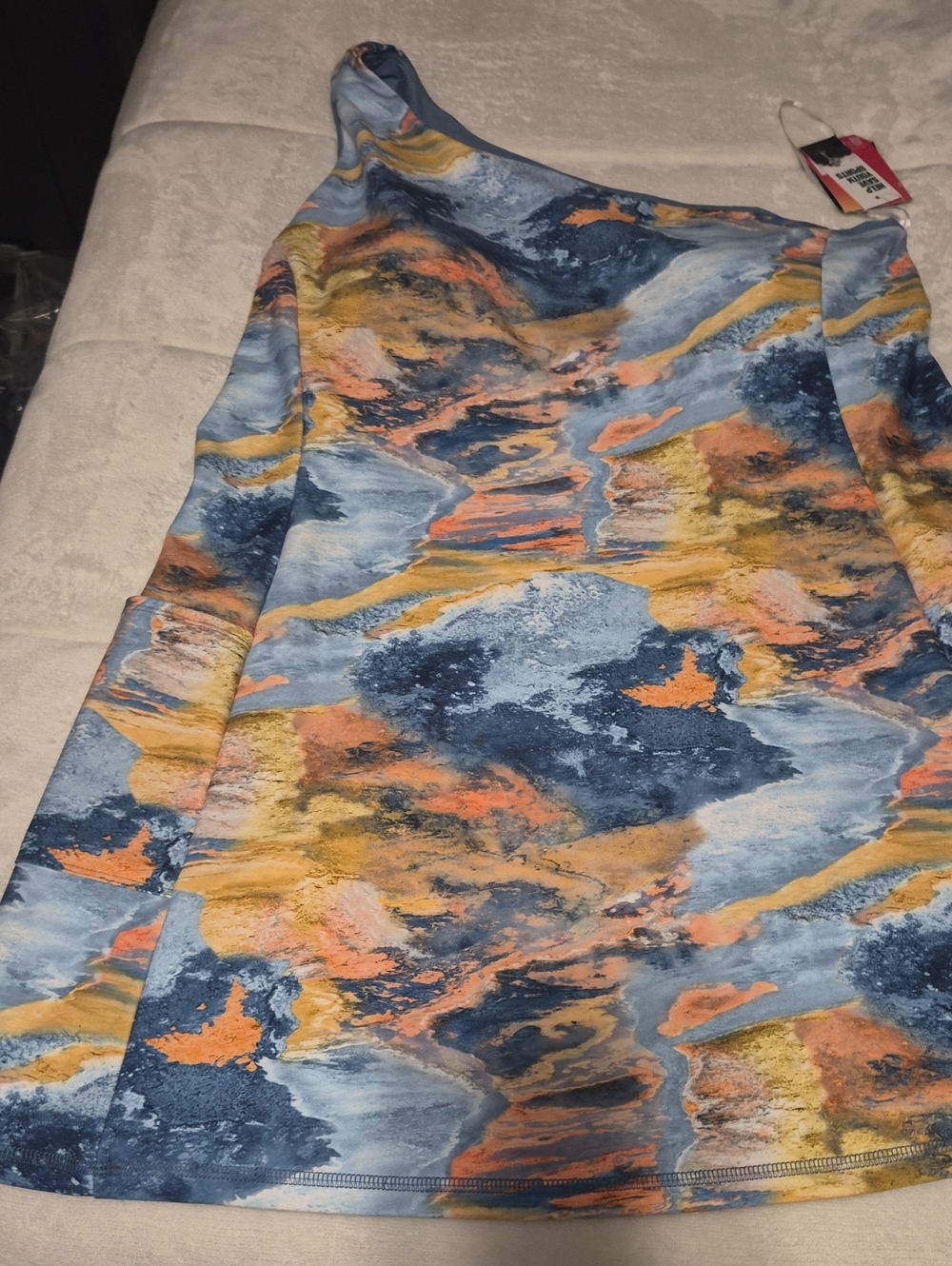 DSG One-Shoulder Abstract Print Tennis Dress in Blue, Orange & Gold